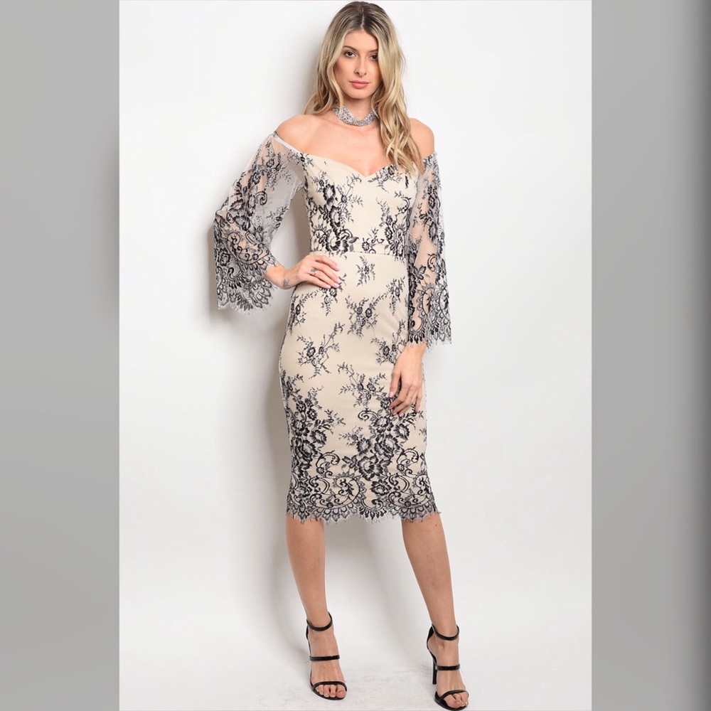 LADY D TAN BLACK LACE DRESS